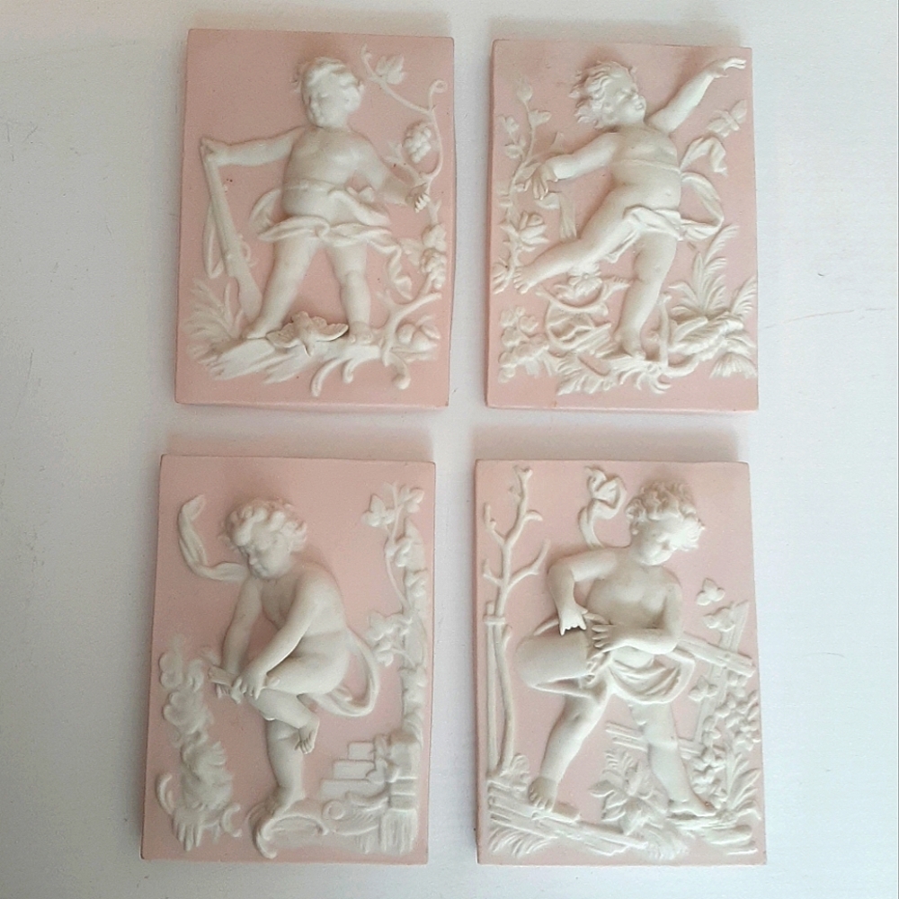 Vintage Bisque Pink & White Wall Plaques set of 4